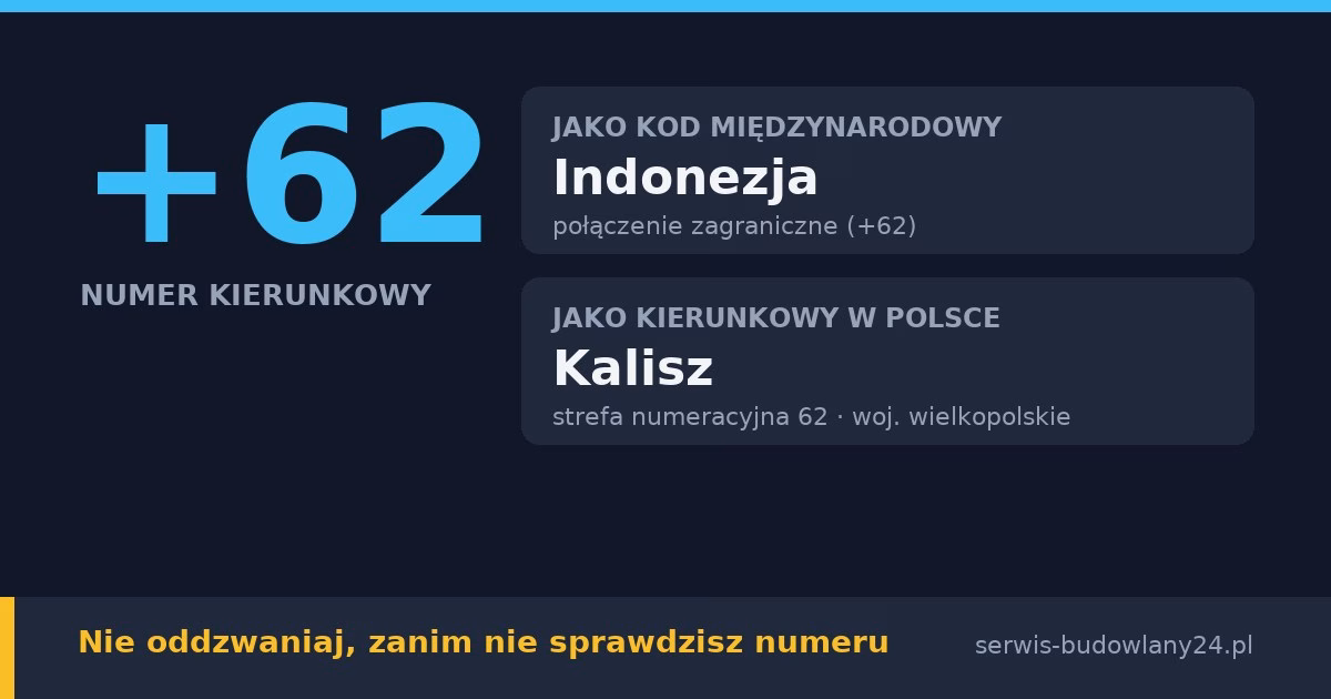 Kierunkowy 62, jaki kraj i jakie miasto? Indonezja i Kalisz
